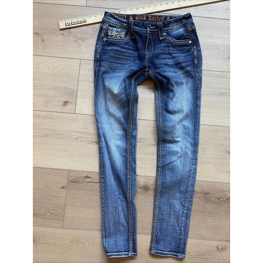 Rock Revival Jeans July Cuffed Skinny Womens Size 28 Embroidered Rhinestones